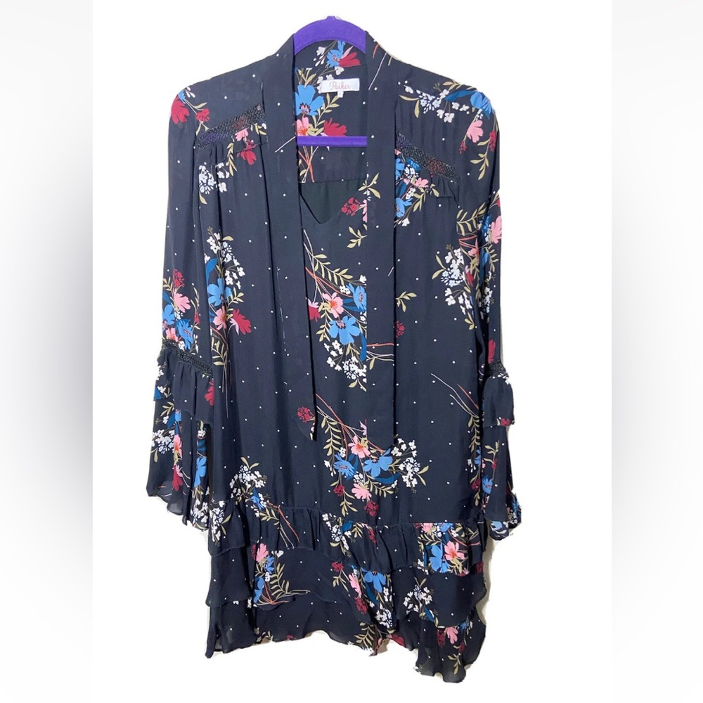 Parker floral print black long bell sleeve v neck dress sz S